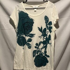 LOFT Cream and Teal Floral Short Sleeve Tee